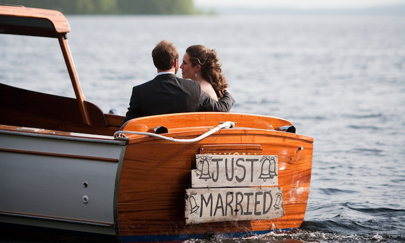 Wedding Couple on Just Married Boat. Photo Provided by Migis Lodge on Sebago Lake
