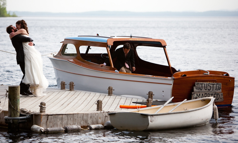 Just Married Boat, Couple on Dock. Photo Provided by Migis Lodge on Sebago Lake