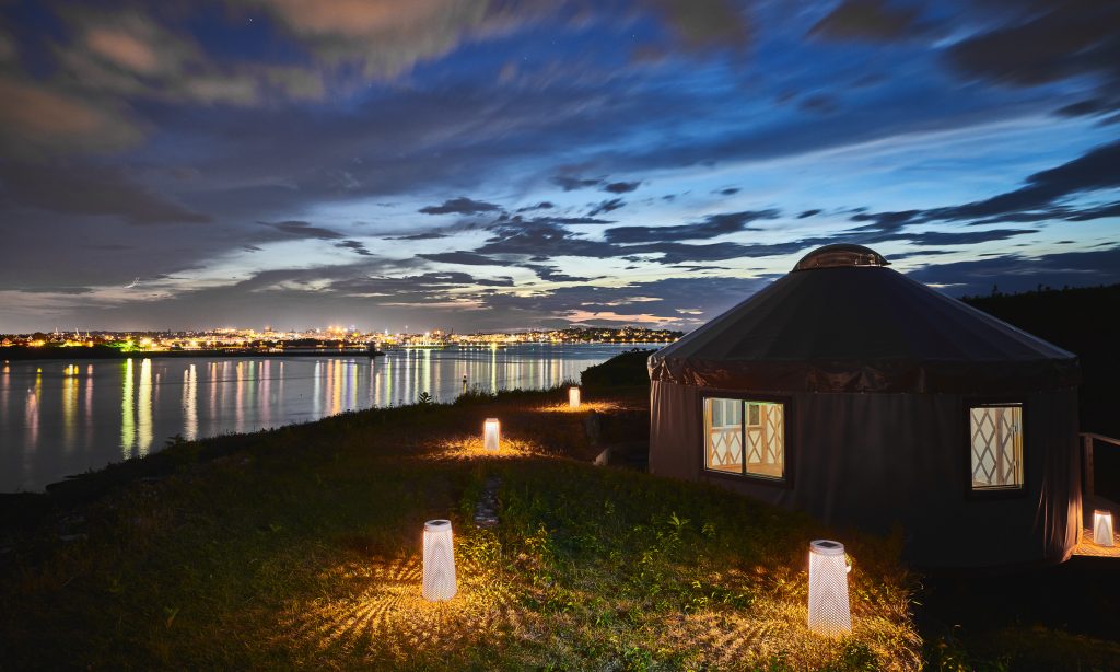 Fortland Site 4 Yurt Exterior Night Lights, Photo Credit: Jared McKenna