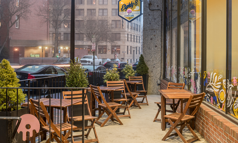 Outdoor Seating at The Eighty8 Donut Café. Photo Credit: Peter G Morneau Photography