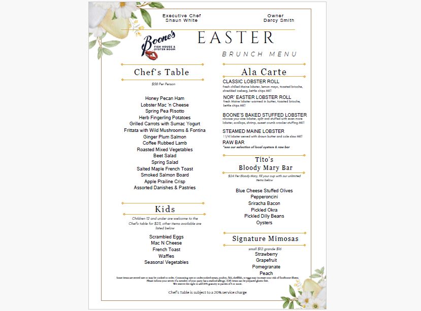 Easter Brunch Menu at Boone's