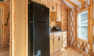 Acadia Wilderness Lodge yurt wooden kitchenette; Photo Credit: Peter G. Morneau Photography