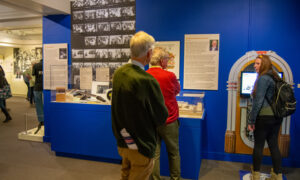 Group exploring music exhibit; Photo Credit: Lauren Witt at Visit Portland