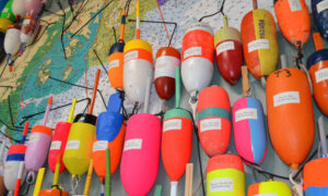 Bright buoys on wall map: Photo Credit: Maine Maritime Museum