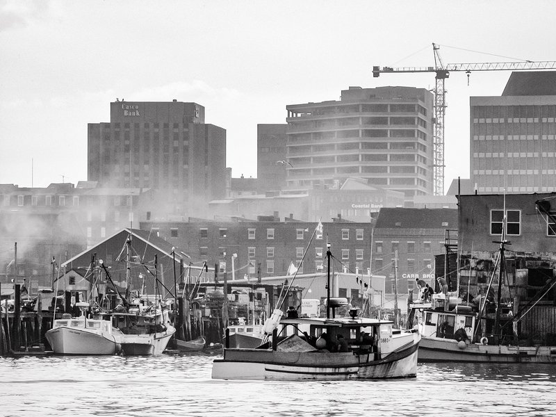 Lapsed Time - Photo Credit: Fishing boats with banks near Widgery and Union Wharfs in Portland, September 1987; photo by David Etnier